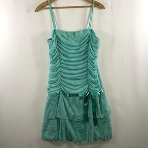 Vintage Taboo Womens Y2K Ruched Fairy Dress Mesh Sparkle Bow Ruffle 90s 00s USA